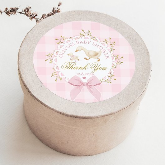 Silly Goose Pink Gingham Bow Baby Shower Thank you Ronde Sticker