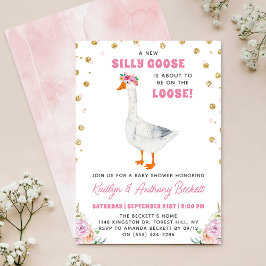 Silly Goose Pink Watercolor Girls Baby Shower Kaart