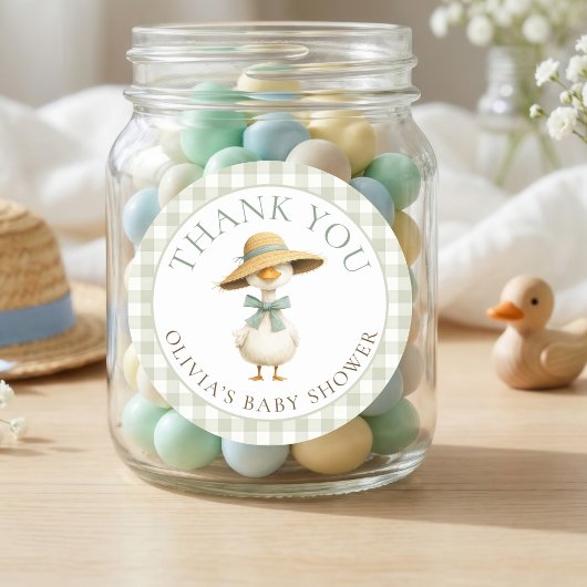 Silly Goose Sage Gingham Thank You Baby Shower Ronde Sticker