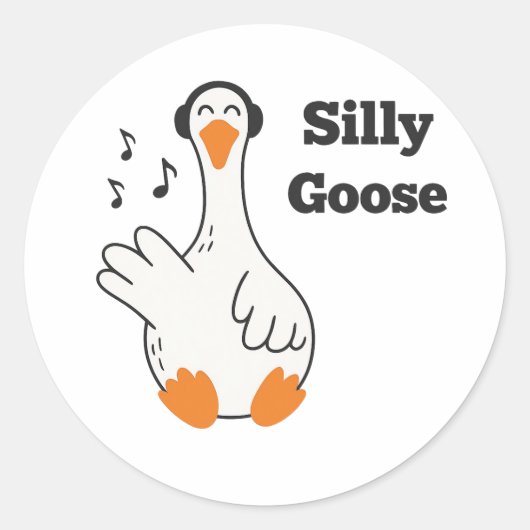 Silly Goose Wearing Headphones – Cute Funny Goose Ronde Sticker (Voorkant)