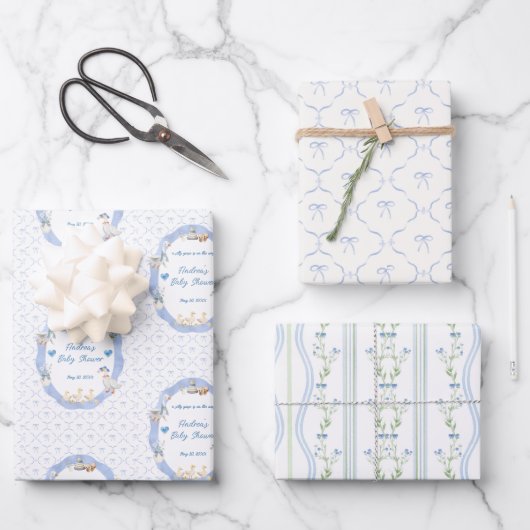 Silly Goose Whimsical Bow Baby Boy Shower Inpakpapier Vel (Voorkant)