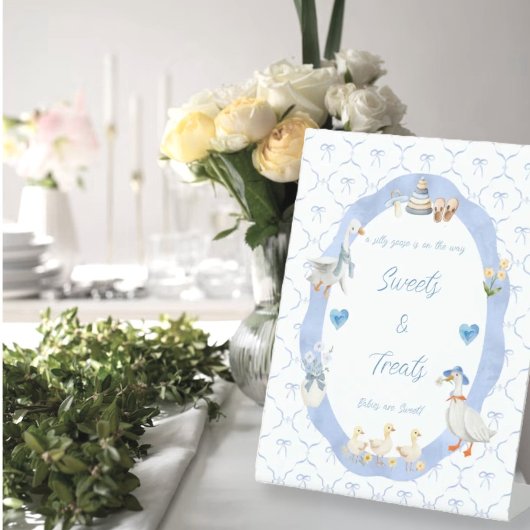 Silly Goose Whimsical Bow Baby Boy Shower Reclamebord Met Voetstuk