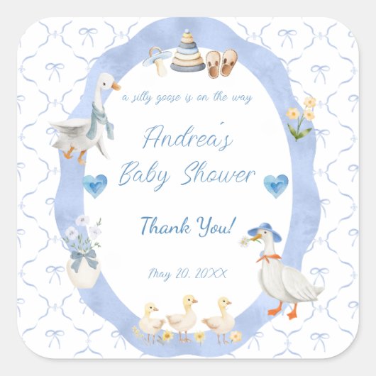 Silly Goose Whimsical Bow Baby Boy Shower Vierkante Sticker (Voorkant)