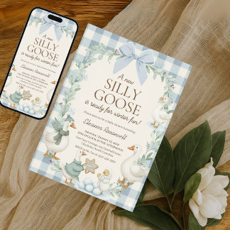 Silly Goose Winter Baby Shower Blue Gingham  Kaart