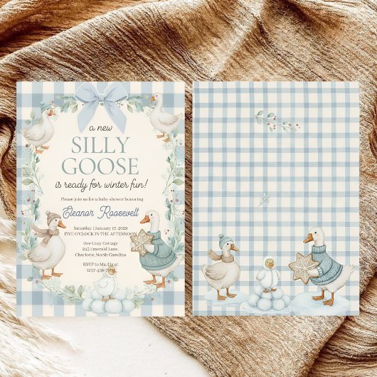 Silly Goose Winter Blue Plaid Baby Shower Kaart