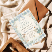 Silly Goose Winter Blue Plaid Baby Shower Kaart