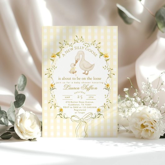 Silly Goose Yellow Gender neutral Bow Baby Shower Kaart