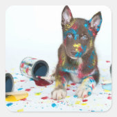 Silly Husky Puppy got into Paint Buckets Vierkante Sticker (Voorkant)