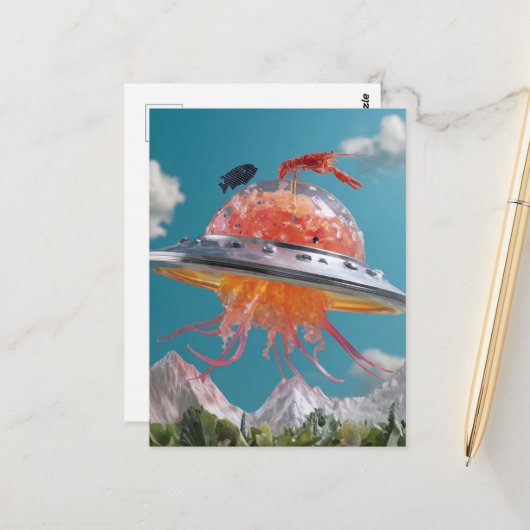 Silly Lobster Fish Surreal Jellyfish UFO Collage Briefkaart (Voorkant / Achterkant in situ)