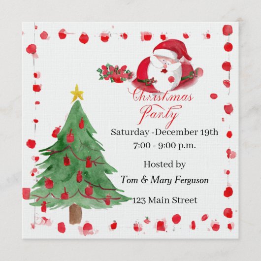 Silly Santa Watercolor Christmas Party Invitation Kaart (Voorkant)