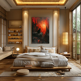 Silueta de Gato Ardiente: Atardecer Surrealista Perfect Poster