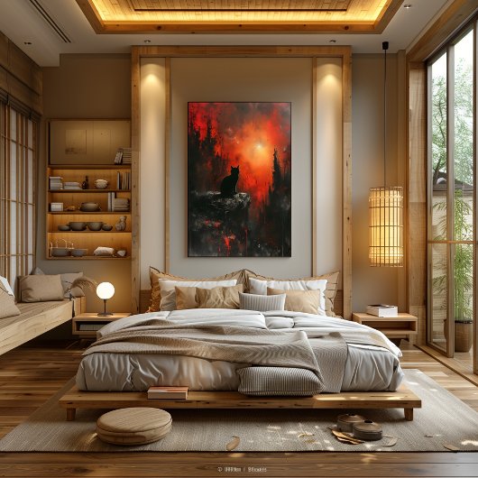 Silueta de Gato Ardiente: Atardecer Surrealista Perfect Poster