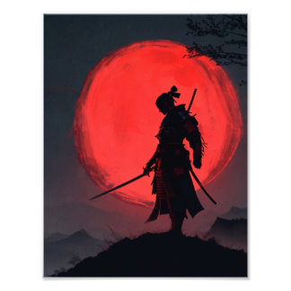 Silueta Samurai Luna Roja Foto Afdruk