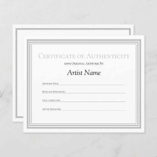 Silve Border Paper Certificate of Authenticity Art (Voorkant / Achterkant)