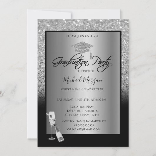 Silve Glitter Gradup, Wijn, Glazen Afstuderen Kaart (Voorkant)