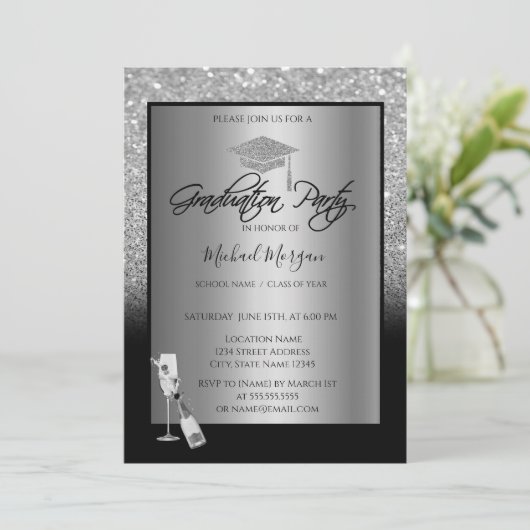 Silve Glitter Gradup, Wijn, Glazen Afstuderen Kaart (Staand voorkant)