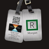 Silve Metal, Business, Name & Monogram, Green Box Bagagelabel