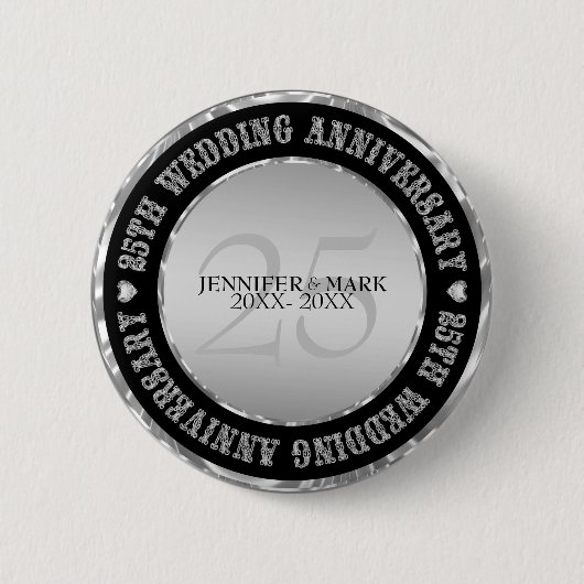 Silve Wedding Jubileum Metallic Silver & Black Ronde Button 5,7 Cm (Voorkant)