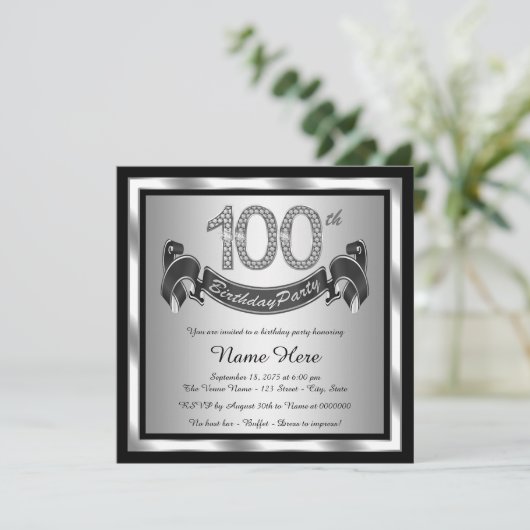 Silver 100th Birthday Party Kaart (Staand voorkant)