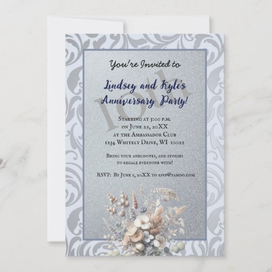 Silver 10th Wedding Jubileum Party Invitation Kaart (Voorkant)