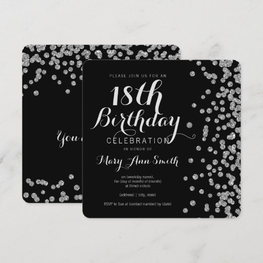 Silver 18th Birthday Faux Glitter Confetti Black Kaart (Voorkant / Achterkant)