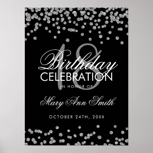 Silver 18th Birthday Faux Glitter Confetti Black Poster (Voorkant)