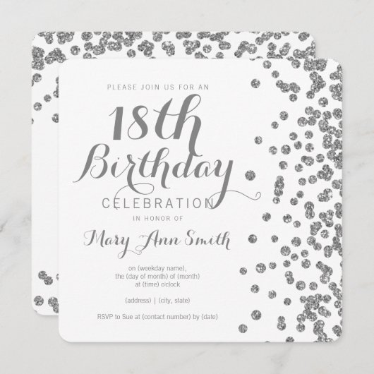 Silver 18th Birthday Faux Glitter Confetti White Kaart (Voorkant / Achterkant)