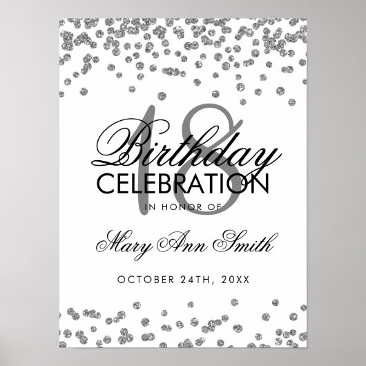 Silver 18th Birthday Faux Glitter Confetti White Poster (Voorkant)