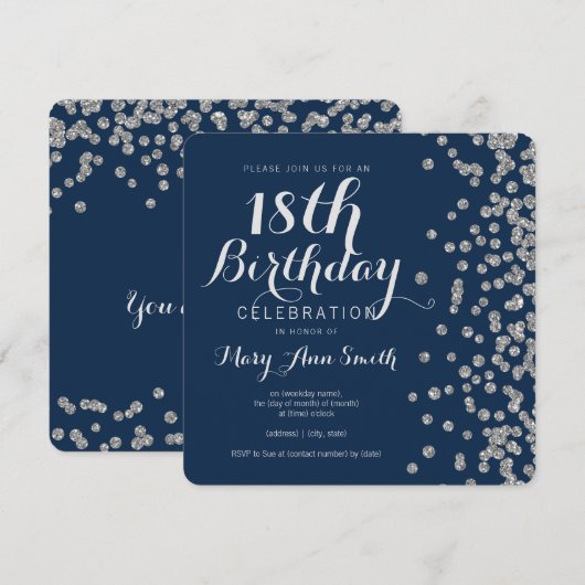 Silver 18th Birthday Glitter Confetti Navy Blue Kaart (Voorkant / Achterkant)