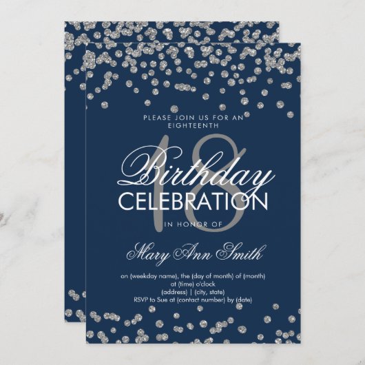 Silver 18th Birthday Glitter Confetti Navy Blue Kaart (Voorkant / Achterkant)