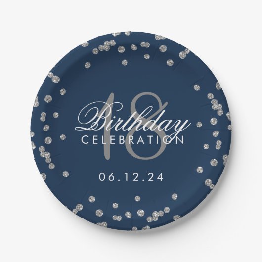 Silver 18th Birthday Glitter Confetti Navy Blue Papieren Bordje (Voorkant)