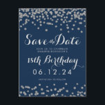 Silver 18th Birthday Save Date Confetti Navy Blue Aankondigingskaart<br><div class="desc">18e verjaardag sjabloon met Silver Faux Glitter Confetti Navy Blue en aangepaste naam en datumtekst. Volledig aanpasbaar!</div>