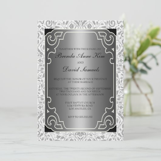 Silver 1920s Art Deco Wedding Invitation Kaart (Staand voorkant)