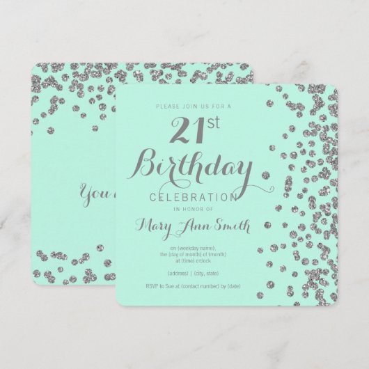 Silver 21st Birthday Faux Glitter Confetti Mint Kaart (Voorkant / Achterkant)