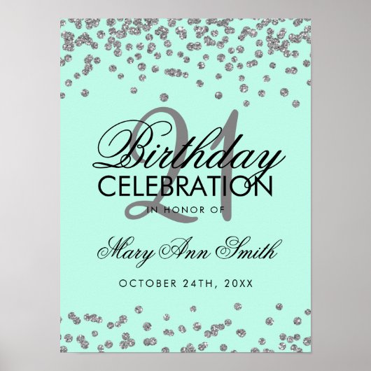Silver 21st Birthday Faux Glitter Confetti Mint Poster (Voorkant)