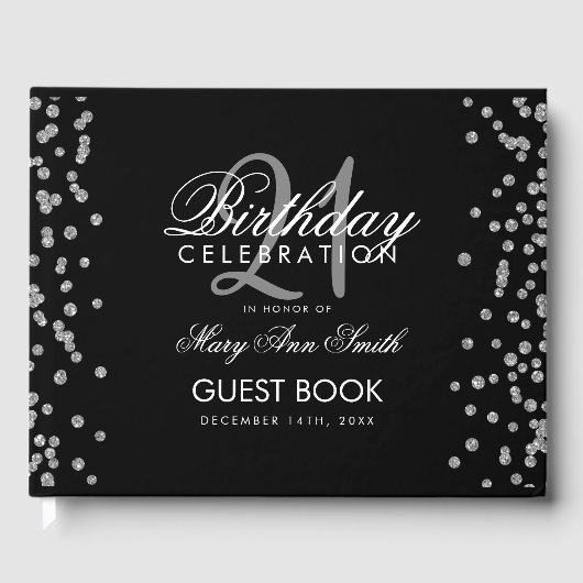Silver 21st Birthday Party Glitter Confetti Zwart Gastenboek (Voorkant)