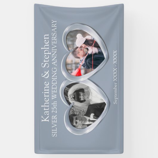 Silver 25e huwelijksdag 2 hartfoto spandoek (Verticaal)