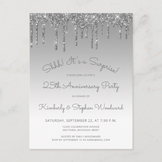 Silver 25th Anniversary Surprise Party Briefkaart (Voorkant)