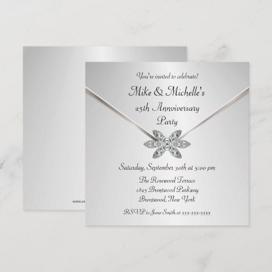 Silver 25th Jubileum Diamond Brooch-uitnodigingen Kaart (Voorkant / Achterkant)