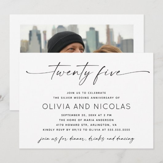 Silver 25th Modern Wedding Jubileum Photo Party Kaart (Voorkant / Achterkant)