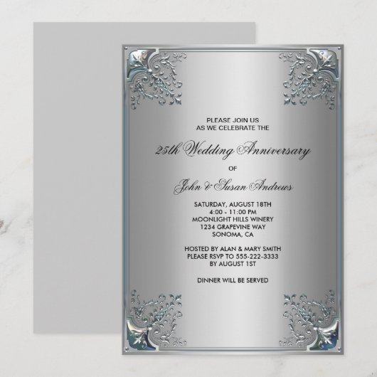 Silver 25th Silver Jubileum Party-uitnodigingen Kaart (Voorkant / Achterkant)