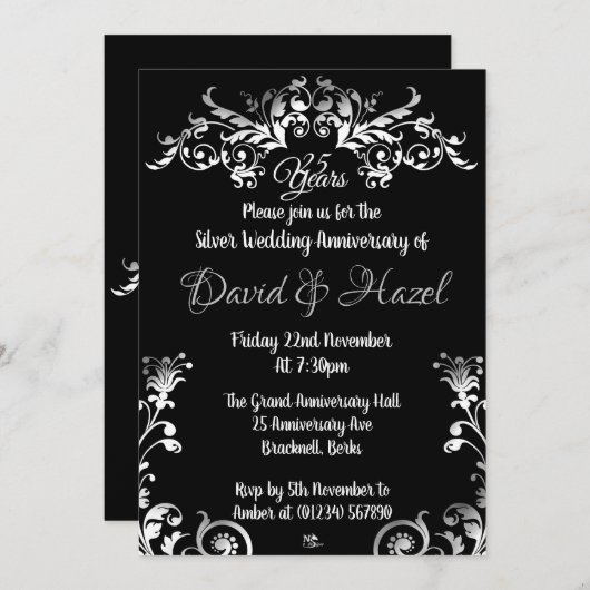 Silver 25th Wedding Anniversay-uitnodigingen Kaart (Voorkant / Achterkant)