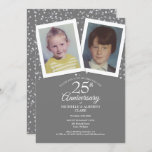 Silver 25th Wedding Jubileum Childhood Foto's Kaart<br><div class="desc">Geef uw favoriete foto's uit uw jeugd een persoonlijk tintje met uw speciale 25 jaar informatie over de zilveren verjaardag in elegante typografie. Het omgekeerde is het kerkzilverhartenconfetti. Ontworpen door: Thisnotme©</div>