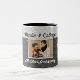 Silver 25th Wedding Jubileum Damask Foto Tweekleurige Koffiemok