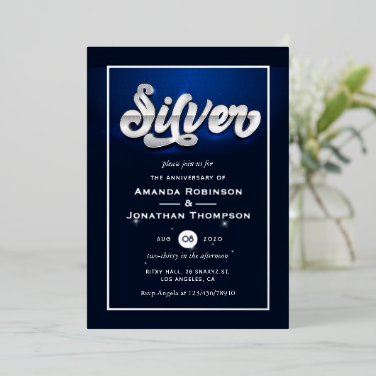 Silver 25th Wedding Jubileum Folie Uitnodiging (Staand Voorkant)