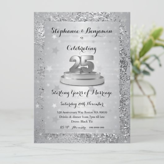Silver 25th Wedding Jubileum Glitter Elegant in Kaart (Staand voorkant)