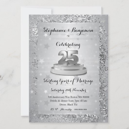Silver 25th Wedding Jubileum Glitter Elegant in Kaart (Voorkant)
