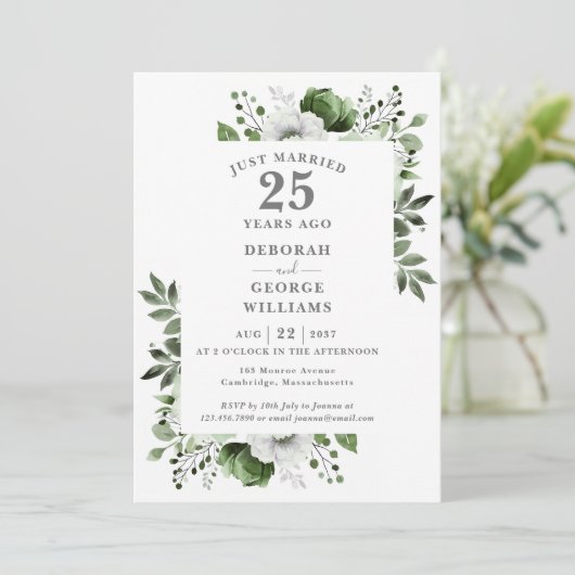 Silver 25th Wedding Jubileum Monogram Bloemen Kaart (Staand voorkant)