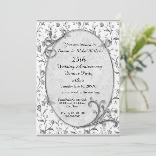 Silver 25th Wedding Jubileum Party Invitation Kaart (Staand voorkant)