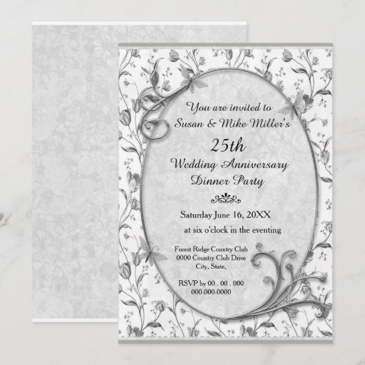 Silver 25th Wedding Jubileum Party Invitation Kaart (Voorkant / Achterkant)
